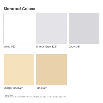 PVC membrane swatch colors: white, light gray, gray, light tan, and tan.
