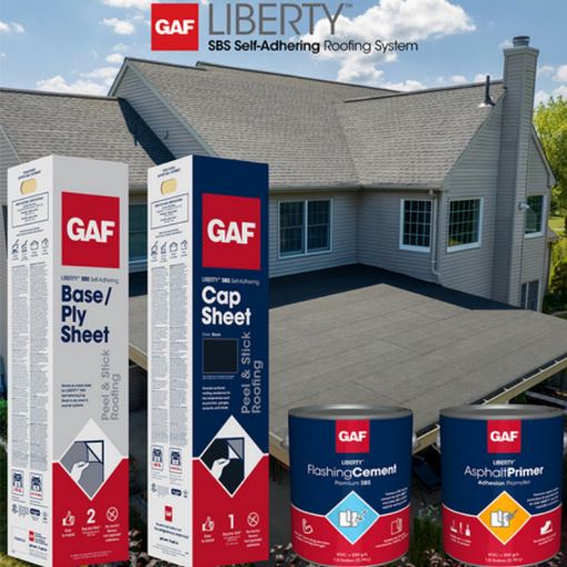 Membranes and coatings in the Liberty SBS Self-Adhering Roofing System by GAF.