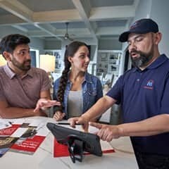 homeowners reviewing new roof options on a tablet with roofing contractor