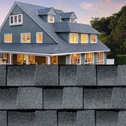 GAF Timberline HDZ oyster gray shingle closeup with sample product image on a blue-gray house.