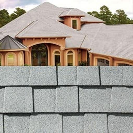 White roof shingle closeup with sample product image on house
