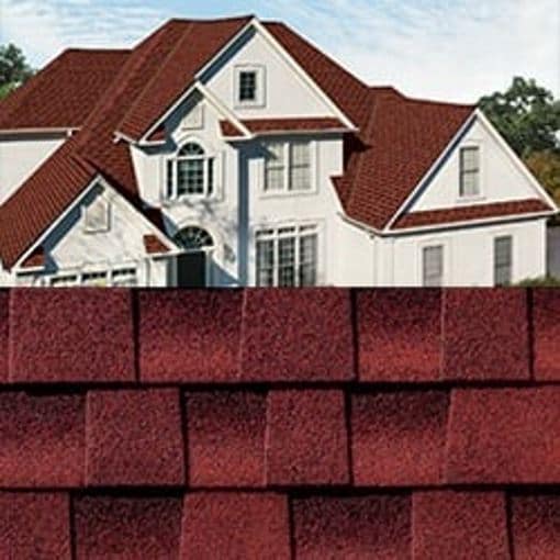 GAF Timberline HDZ patriot red shingle closeup with sample product image on a white house.