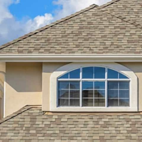 Close up of GAF roof shingles on a house