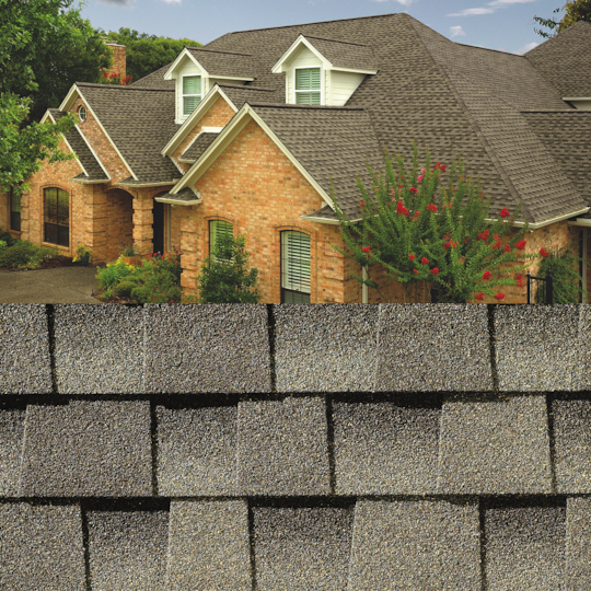 GAF Timberline HDZ®  Weathered Wood Shingle closeup with sample product image on a light brick house.