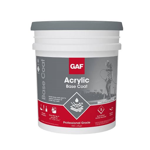 A container of GAF Acrylic Base Coat.