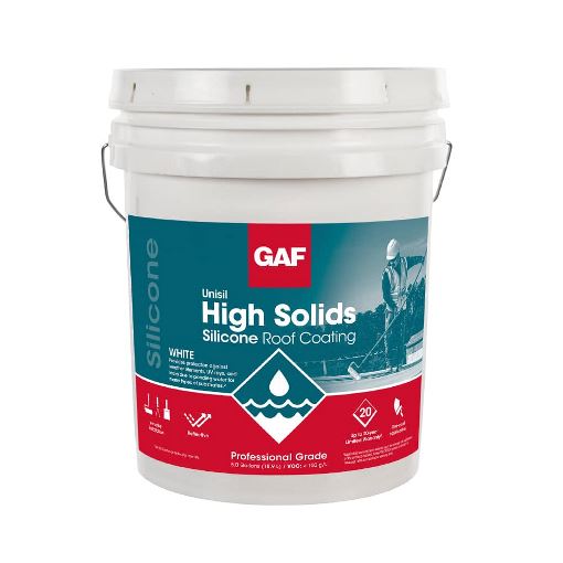 A container of GAF Unisil High Solids SIlicone Roof Coating, professional grade.