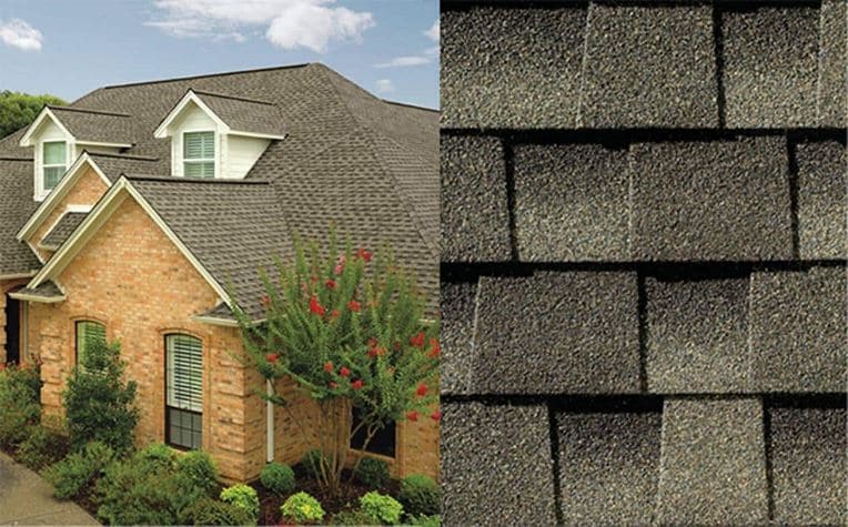 Close up of GAF Timberline HDZ roofing shingle in Barkwood with companion image showing how it looks on a brick house.