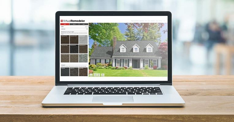 Laptop with screen open to GAF Virtual Home Remodeler to design your new roof