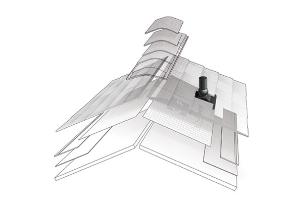 An exploded-view diagram illustrates the various layers of a roofing system.
