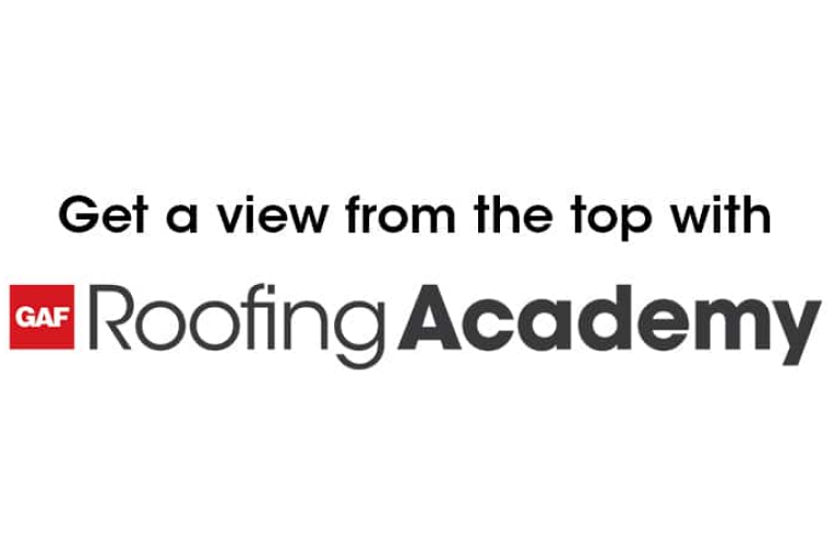 Image with black text on white background that reads 'Get a view from the top with GAF Roofing Academy'.