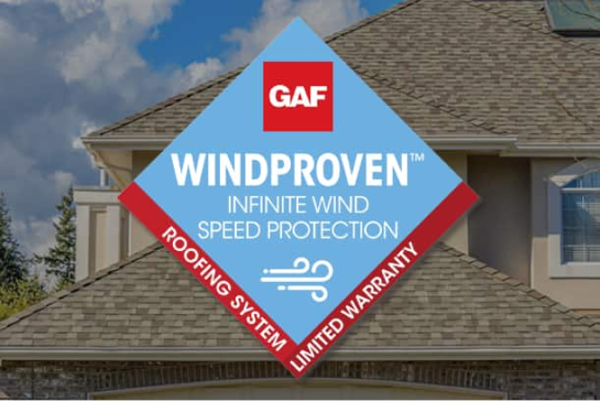 WindProven Infinite Wind Speed Protection diamond in front of home with GAF roof