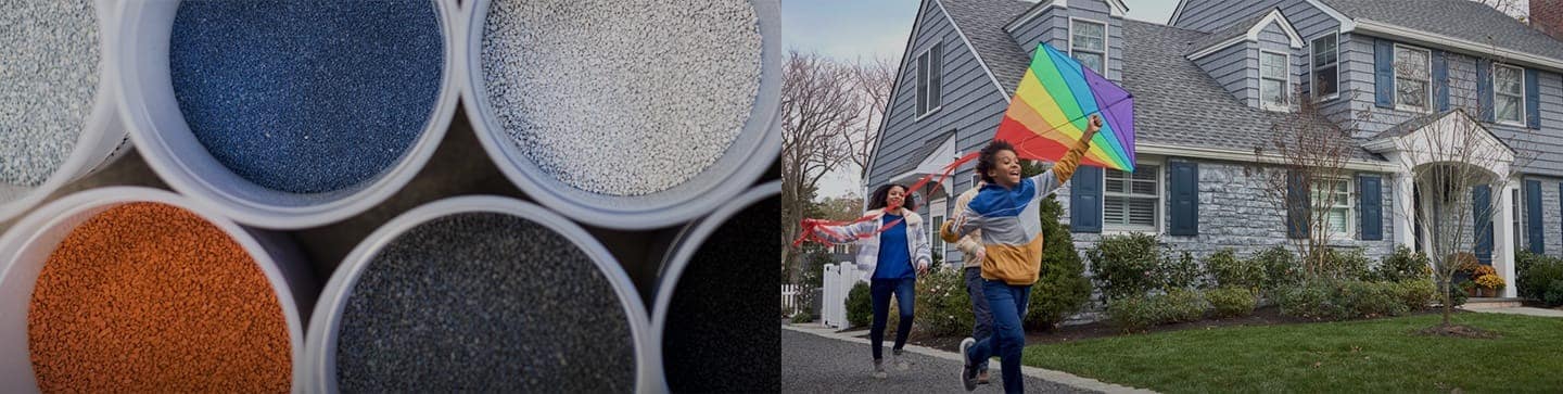 GAF roofing color granules used to make asphalt shingles with a kite flying child near a gray roof.