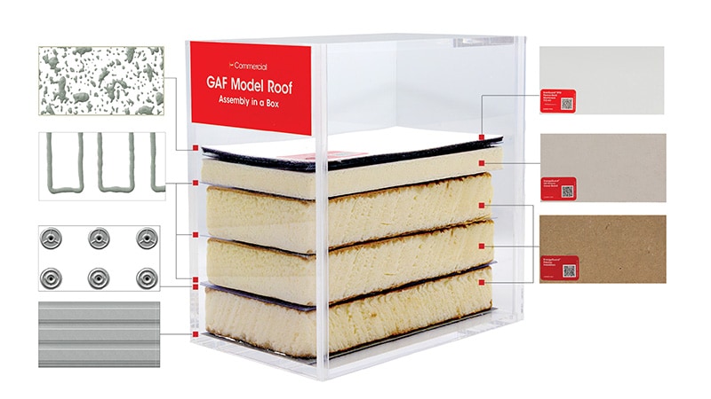 A Model Roof simulated cold storage assembly featuring detailed close-ups of each commercial roof layer.