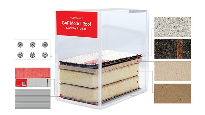 A Model Roof simulated school assembly featuring detailed close-ups of each commercial roof layer.