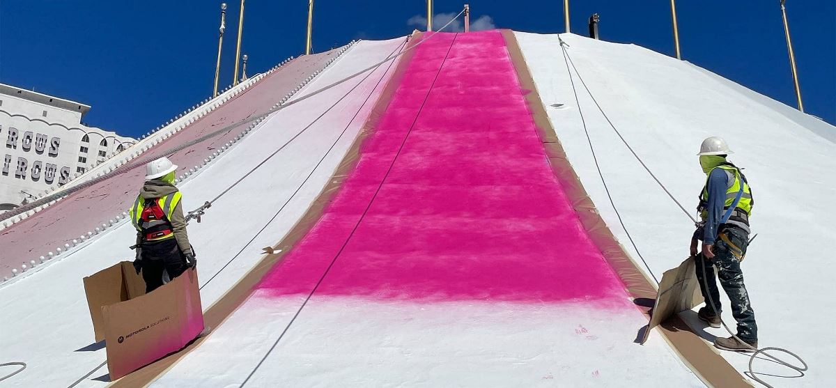 Workers refurbishing the Circus Circus roof in Las Vegas