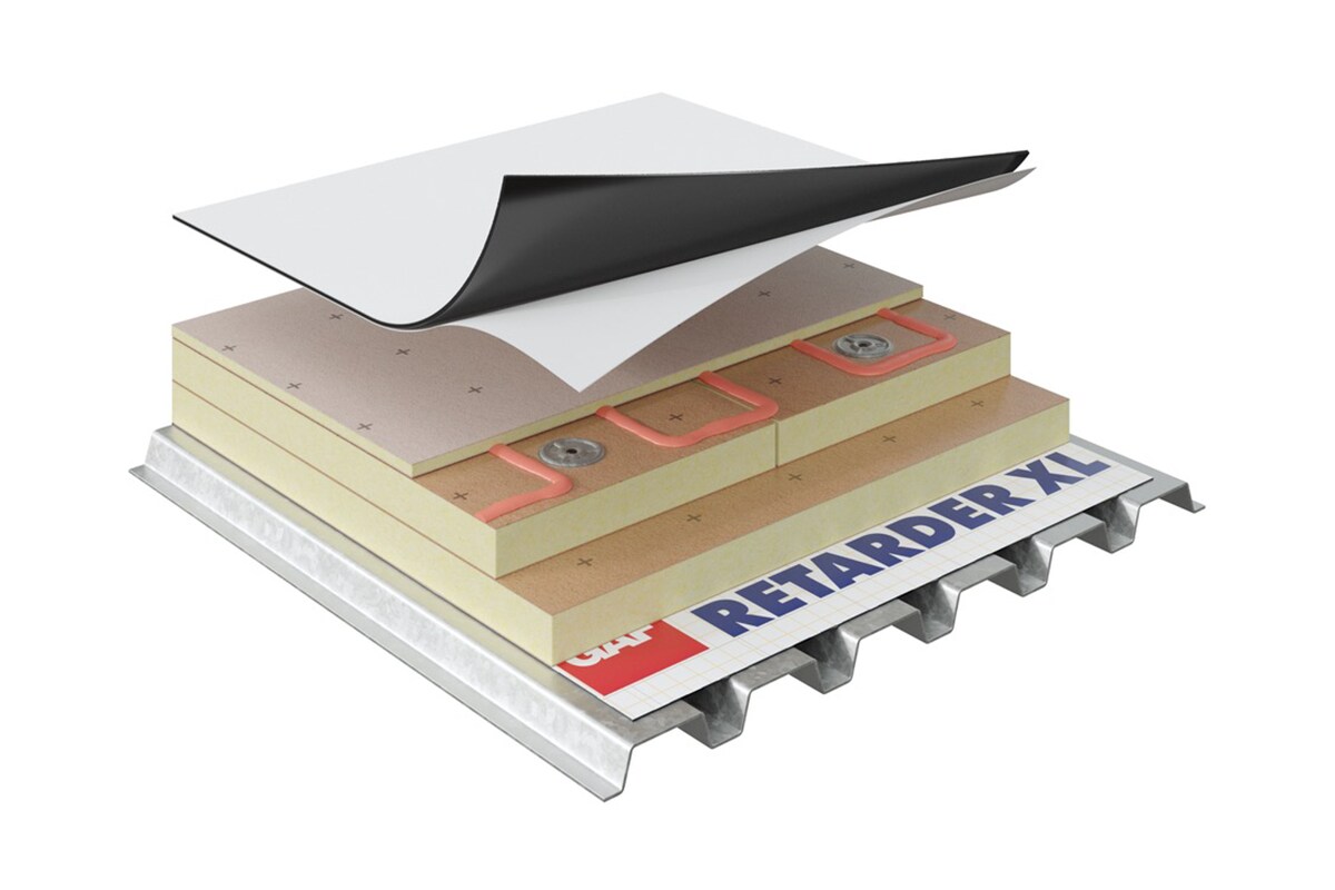 A swatch of GAF Vapor Retarder XL nestled in between several roofing layers