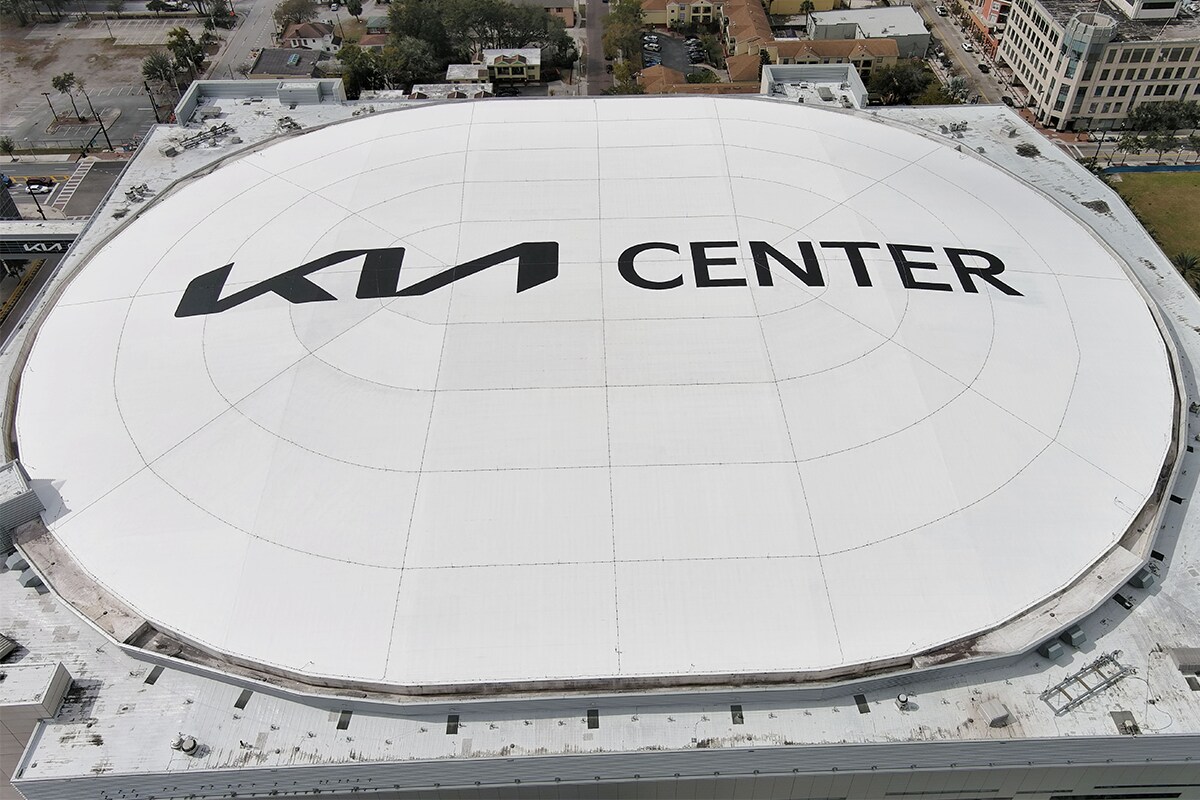 Front view of the Kia Center dome roof with new logo.