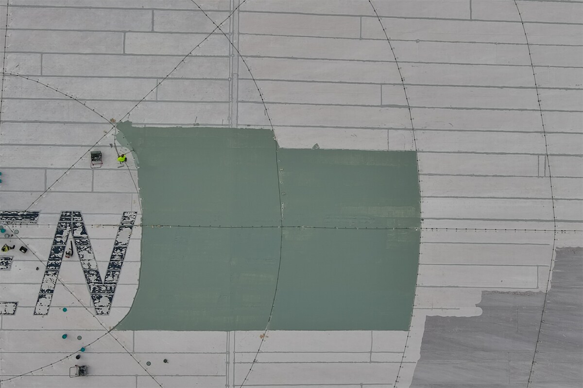 Area view of new roofing materials being installed at the Kia Center in Orlando, FL.