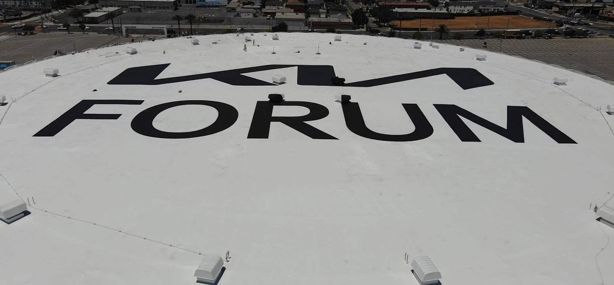 Close-up of Kia Forum event venue roof with new GAF commerical coatings