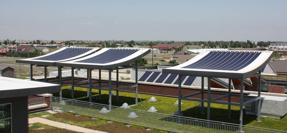 Front View of EverGuard Extreme TPO bneath a BIPV system at Kiowa County Commons