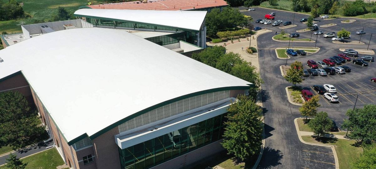 The Orland Park Sportsplex with GAF Unisil High Solids Silicone Roof Coating, side view