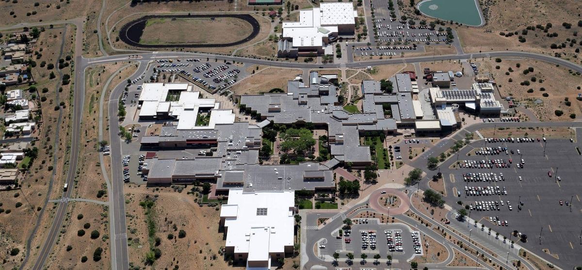 Aerial view of Santa Fe Community College with new GAF roof coatings