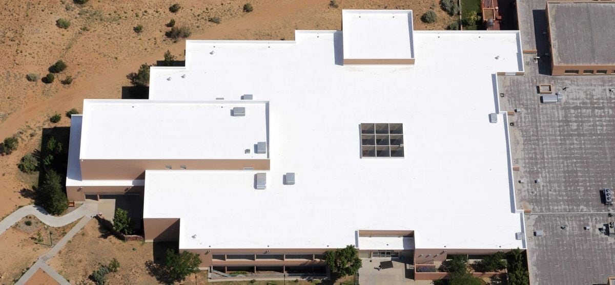 Aerial view of a building with Hydrostop roof coating system at Santa Fe Community College