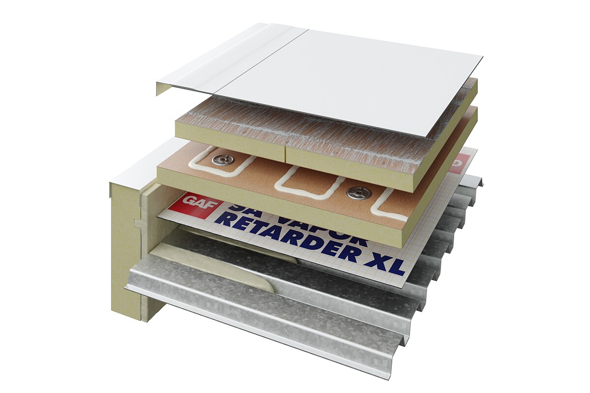 A swatch of GAF Vapor Retarder XL positioned in the middle of several roofing layers