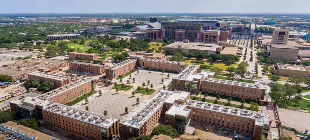 Side Aerial view of Texas A&M University buildings with new roofs using GAF materials