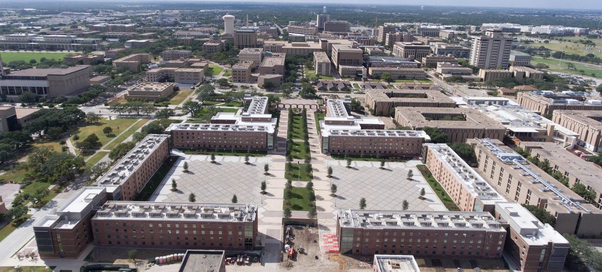 Side Aerial view of Texas A&M University buildings with new roofs using GAF materials