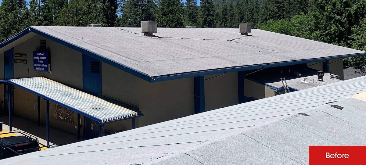 Twain Harte Elementary school in CA with exposed ridges before the new GAF roof