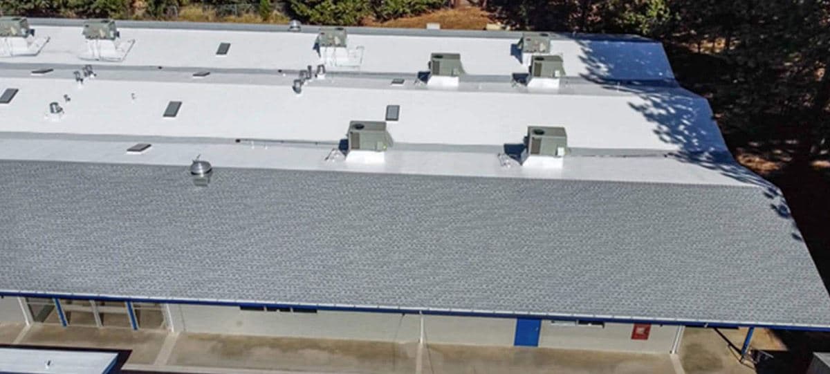 Aerial view of Twain Harte Elementary School with multiple GAF roofing solutions