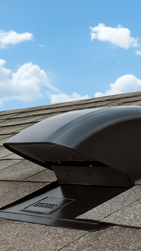 Sideview of a black Master Flow Bath and Dryer Vent from GAF on a brown shingled rooftop