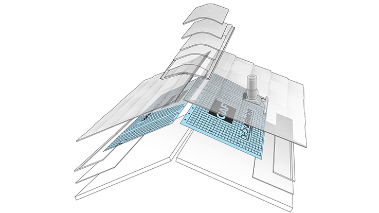 A pictorial representation of the layers of a GAF roofing system, highlighting the roof underlayment layer, which helps shield the roof deck from moisture infiltration.