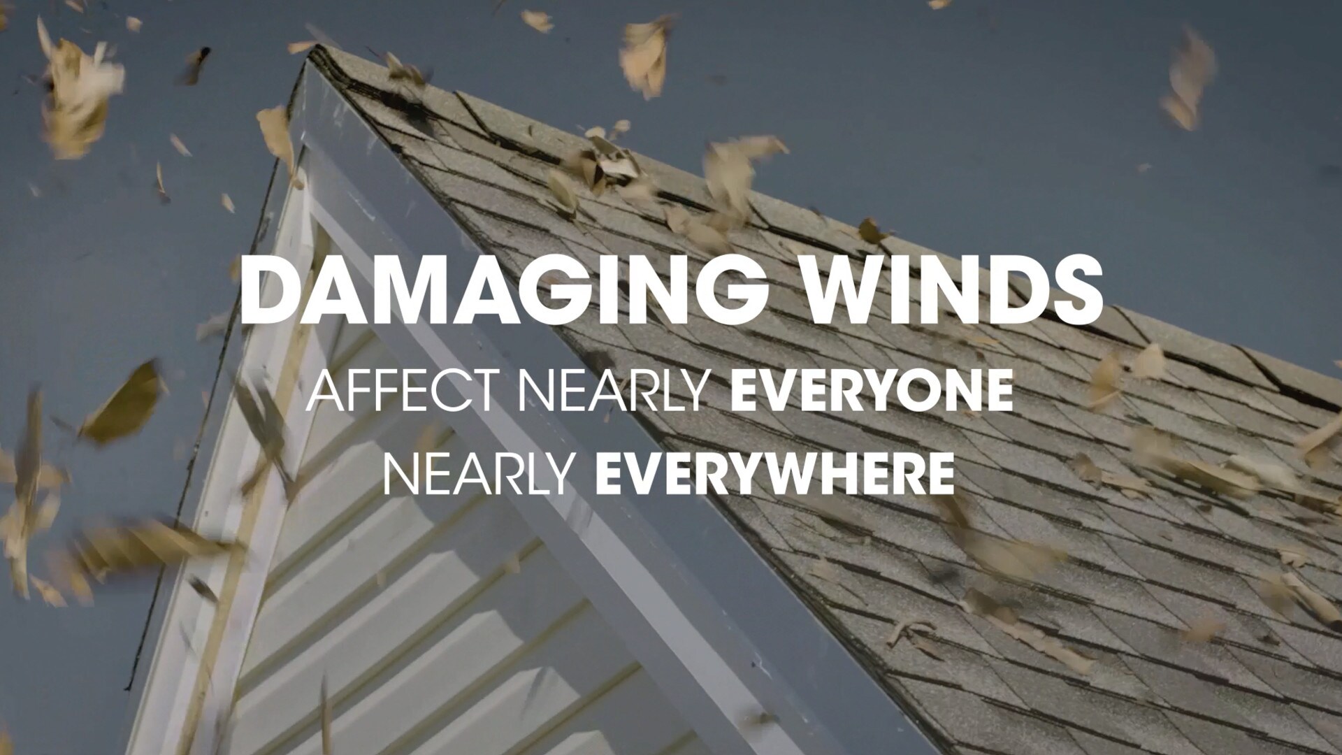 Shingles and leaves blowing in strong winds