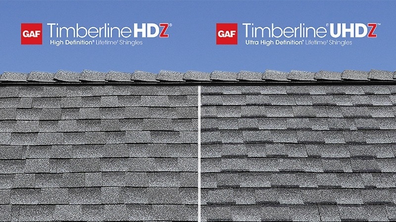 side by side comparison of timberline hdz and timberline uhdz shingle swatches on a house