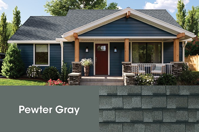 dark blue house with Pewter Gray Timberline UHDZ roof shingles and shingle swatch