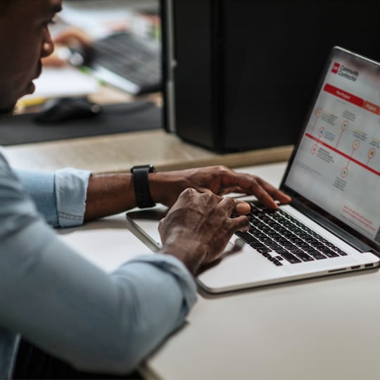 A man views the volunteer process flow chart on his laptop.