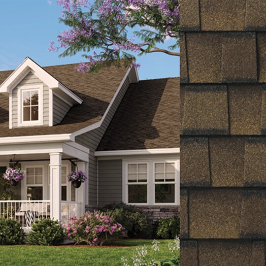 A house with brown roofing shingles by GAF beside a detailed close-up of the  same shingles.