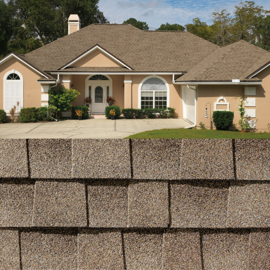 GAF Timberline HDZ® GAF Timberline HDZ Driftwood Shingle closeup with sample product image on a beige house.
