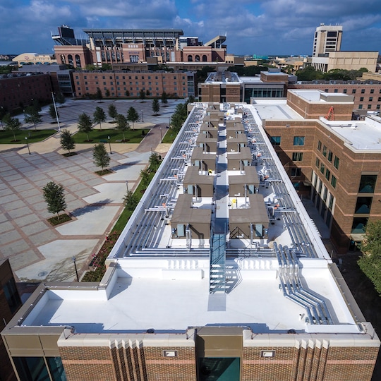 Aerial view of a building rooftop built with GAF materials