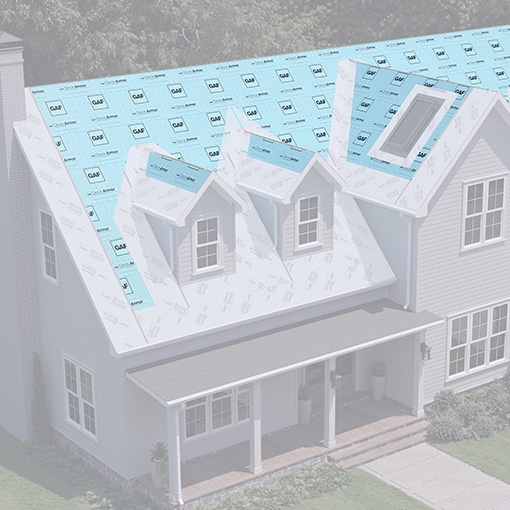 A residential roof is shown with light blue GAF-branded roof deck protection installed across all slopes.
