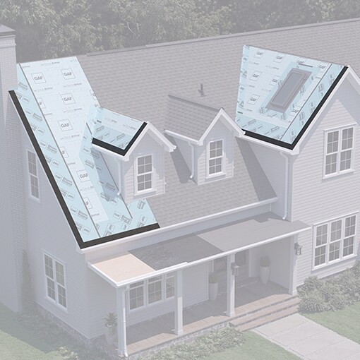 Rendering of a house roof shows black starter strips along edges beneath shingles.