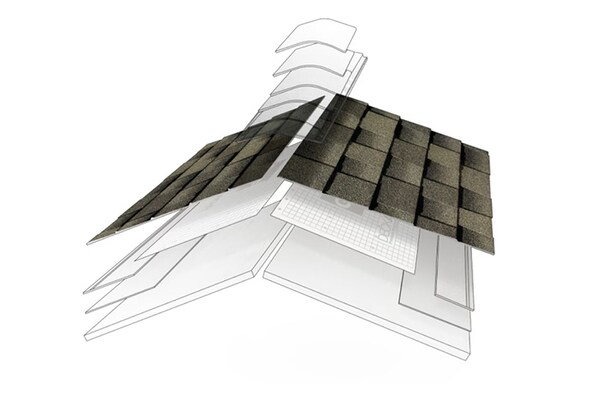 Parts of GAF roof system with shingles highlighted