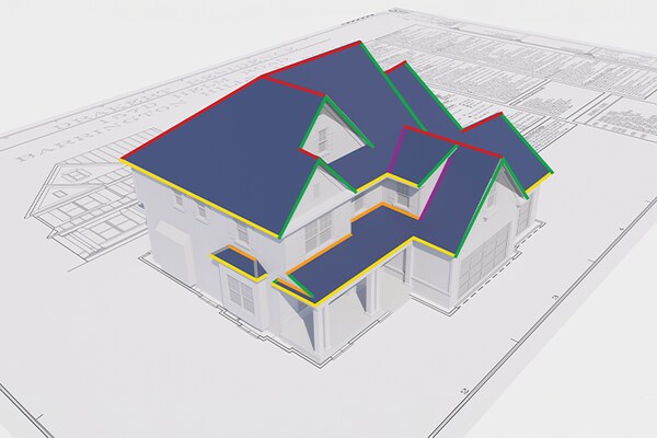 Architectural drawing with 3D plan of a new home with roof measurements outlined in different colors.
