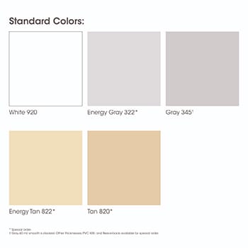 PVC membrane swatch colors: white, light gray, gray, light tan, and tan.