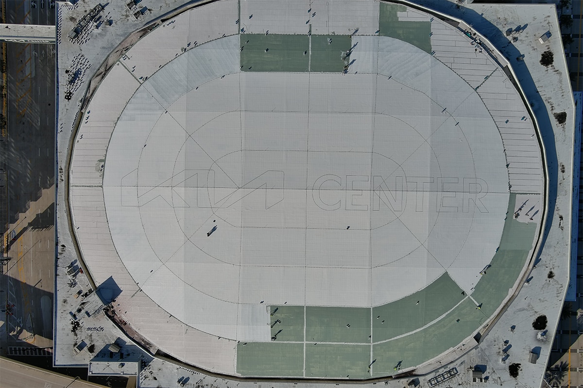 Aerial view of new roofing installation for Kia Center