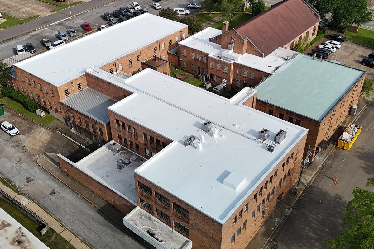 Top view showing the GAF liquid-applied roof system solution applied on the Link Centre roofs.