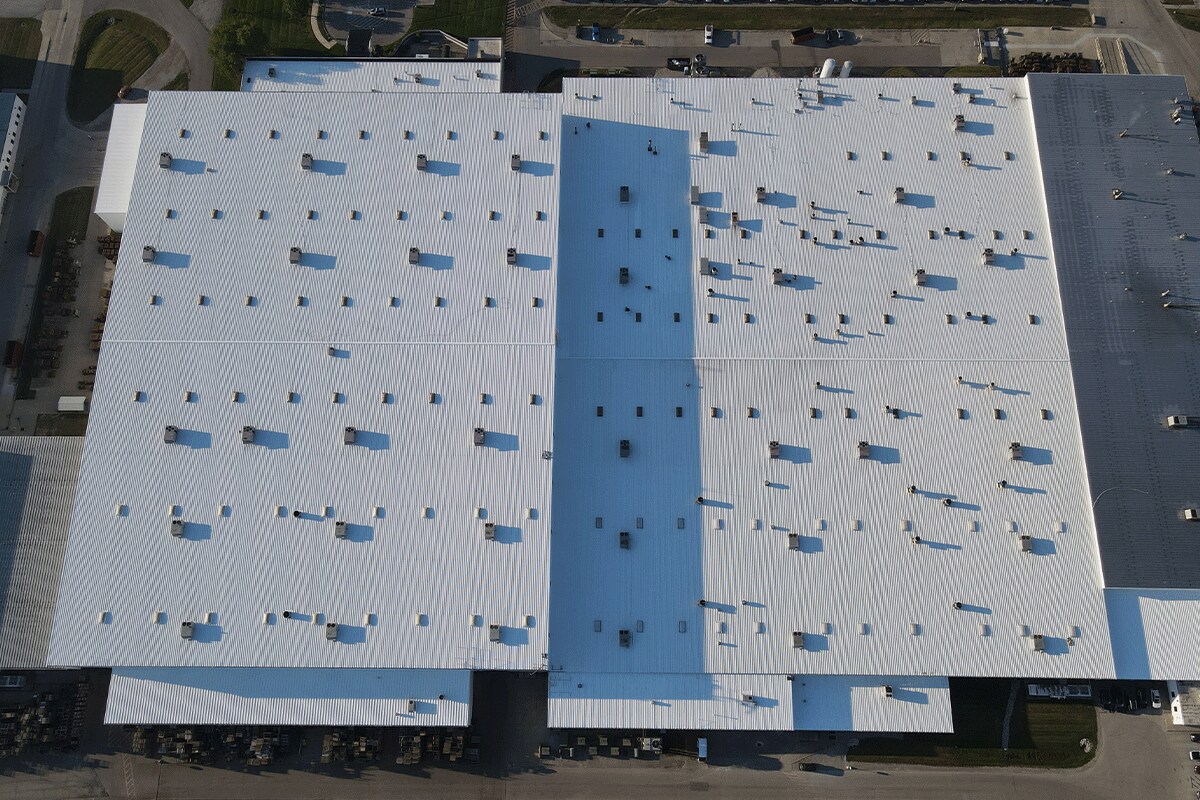 Close-up of silicone-coated metal roof at TOA USA in Mooresville, IN.