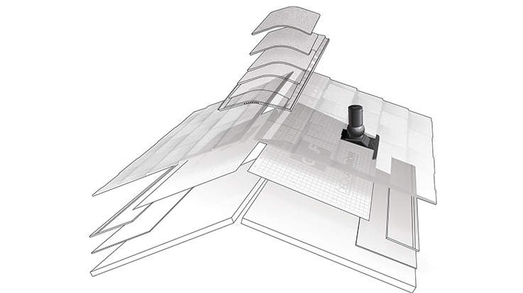 A pictorial representation of the layers of a GAF roofing system, highlighting the rooftop accessories component, designed to enhance the performance of your roof system.
